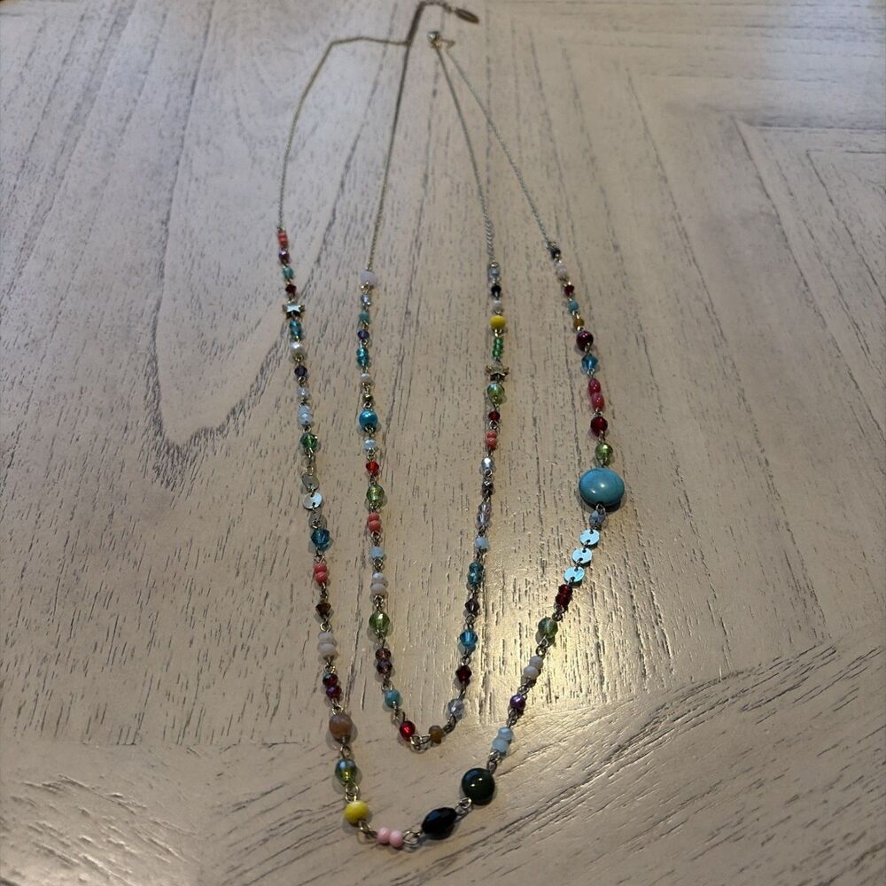 Plunder Multi Strand Statement Necklace Colorful Beads Gold Tone Boho
